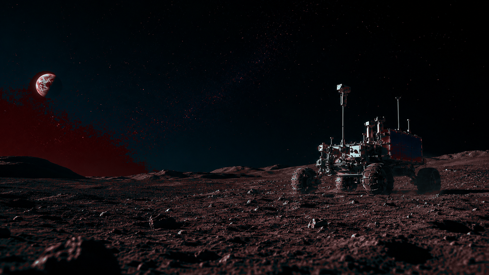 Lunar rover on a dark planetary landscape